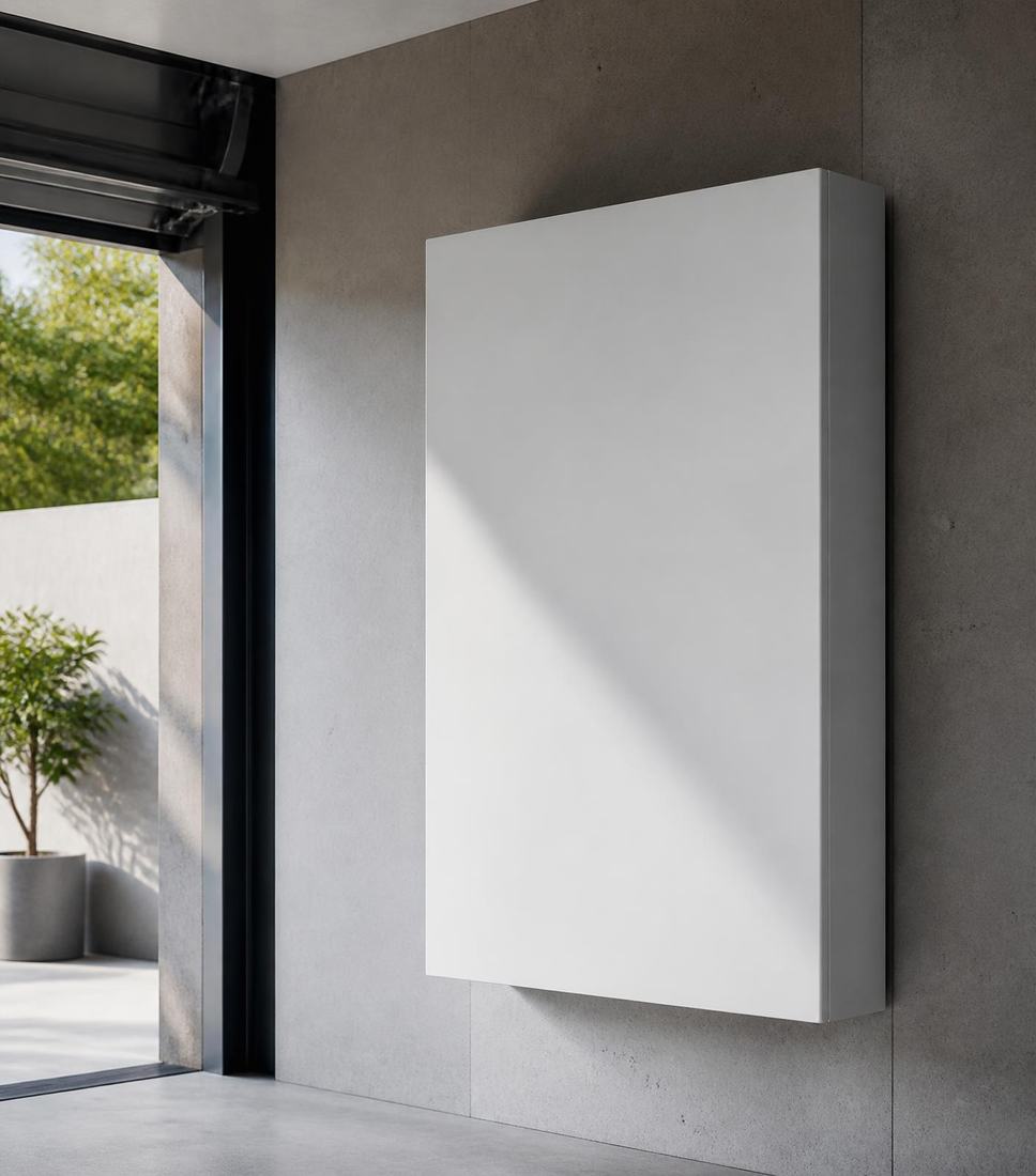 Thuisbatterij aan een betonnen wand